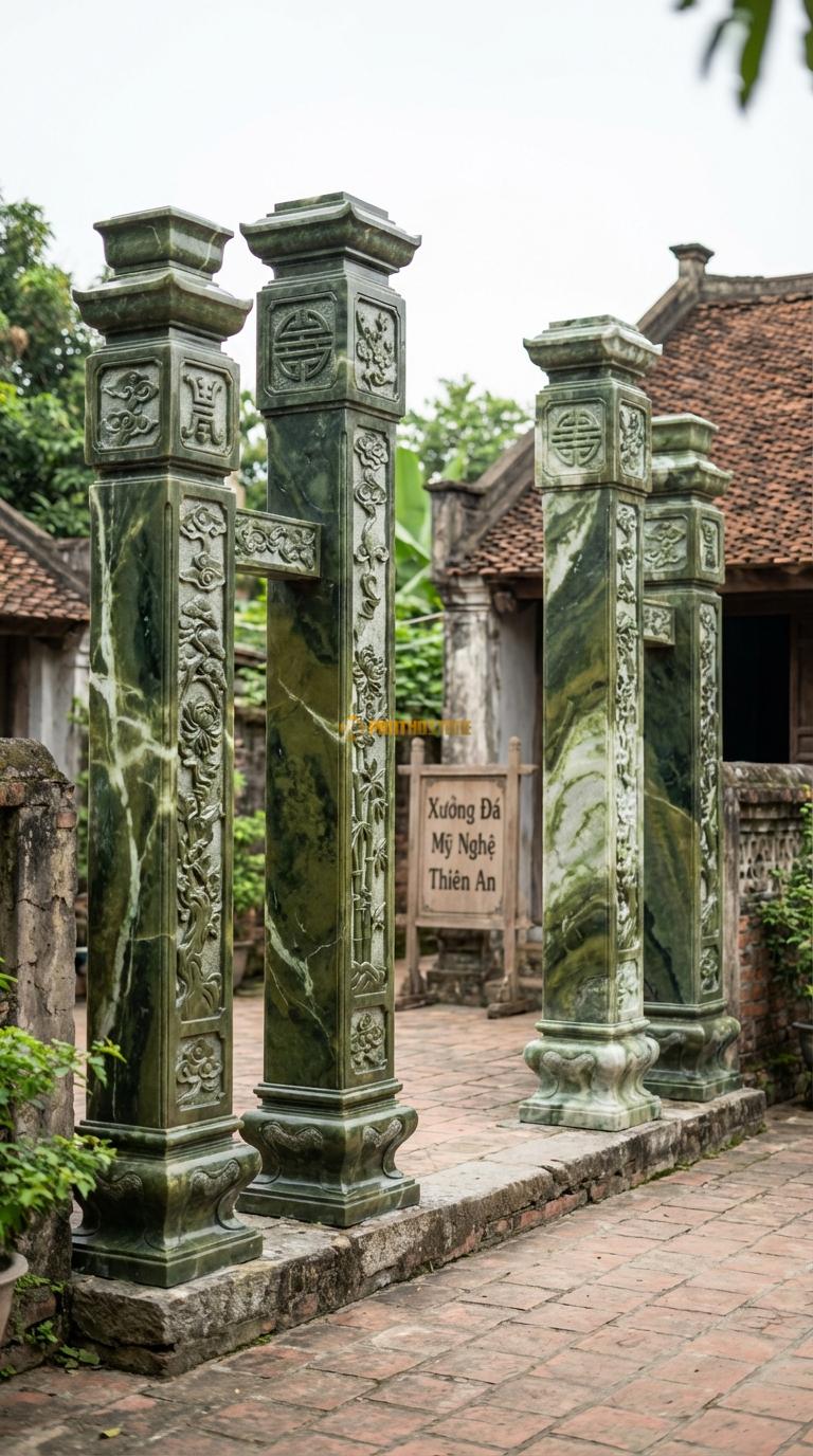 Cổng Tứ Trụ Đá Serpentine Tranh Tứ Quý: 4 mặt của trụ cột chạm Tùng – Cúc – Trúc – Mai. Cột chính vuông 25cm; Rộng phủ bì 4m2