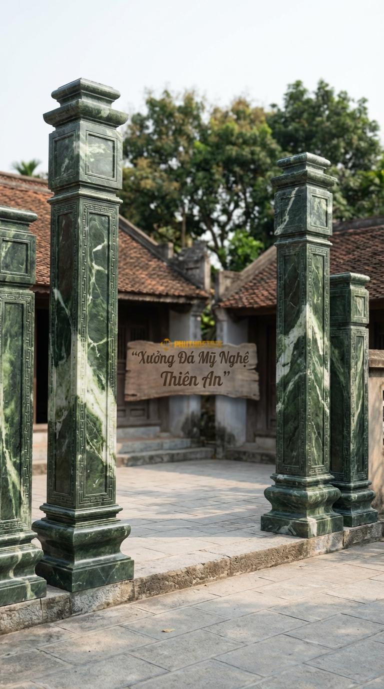 Cổng Tứ Trụ Đá Serpentine Triện Tàu: Hoa văn viền gấm, chữ Vạn chạy dọc cạnh cột (đơn giản, hiện đại). Cột chính vuông 40cm; Cao cột chính 5m5