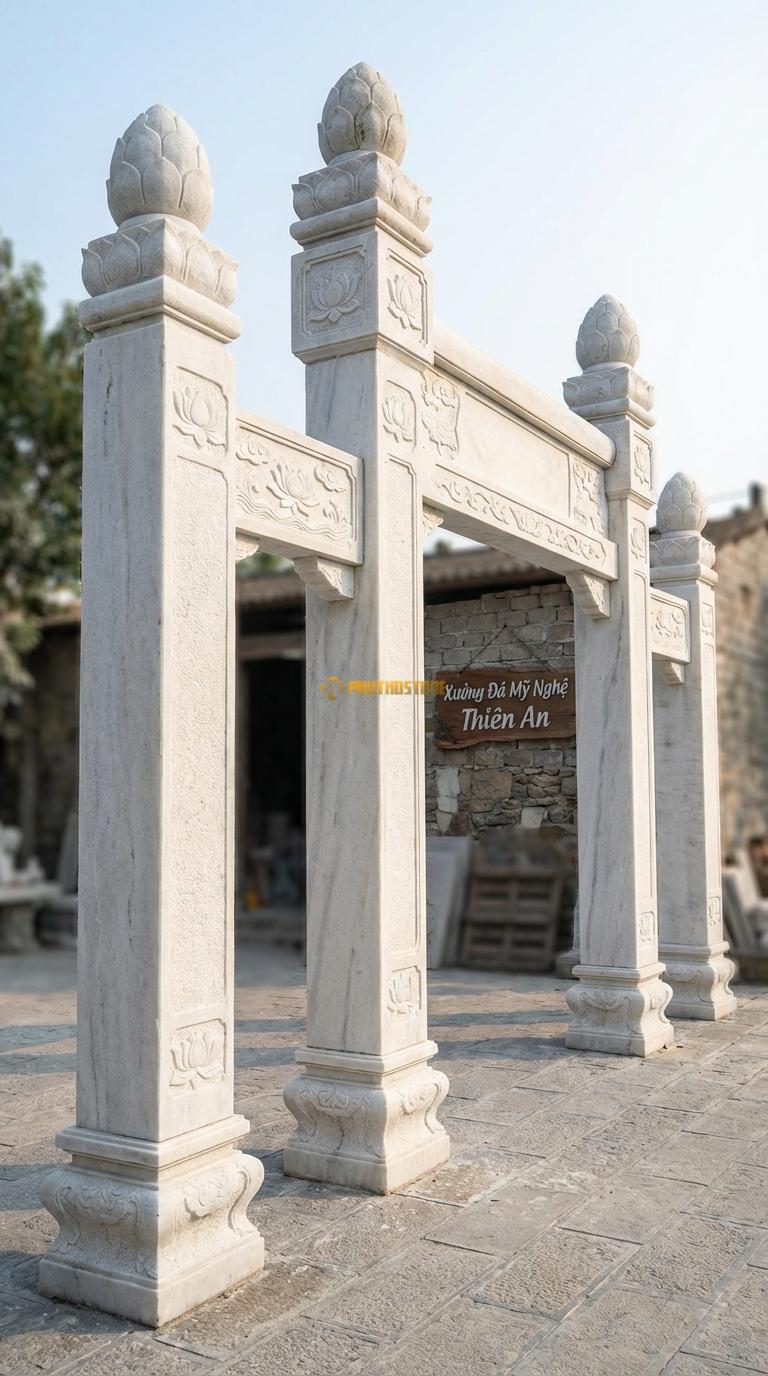 Cổng Tứ Trụ Đá Trắng Muối Búp Sen: Đỉnh 4 cột là 4 búp sen đá (dành cho kiến trúc Phật giáo/thanh tịnh). Cột chính vuông 28cm; Cao cột chính 4m1