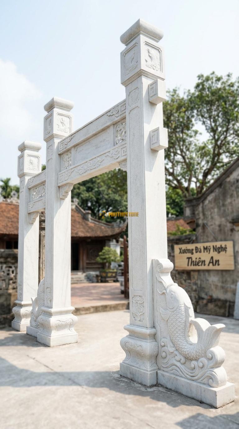 Cổng Tứ Trụ Đá Trắng Muối Cá Chép Vượt Vũ Môn: Chạm khắc dưới chân tảng hoặc thân cột. Cột chính vuông 35cm; Rộng lối đi chính 3m5