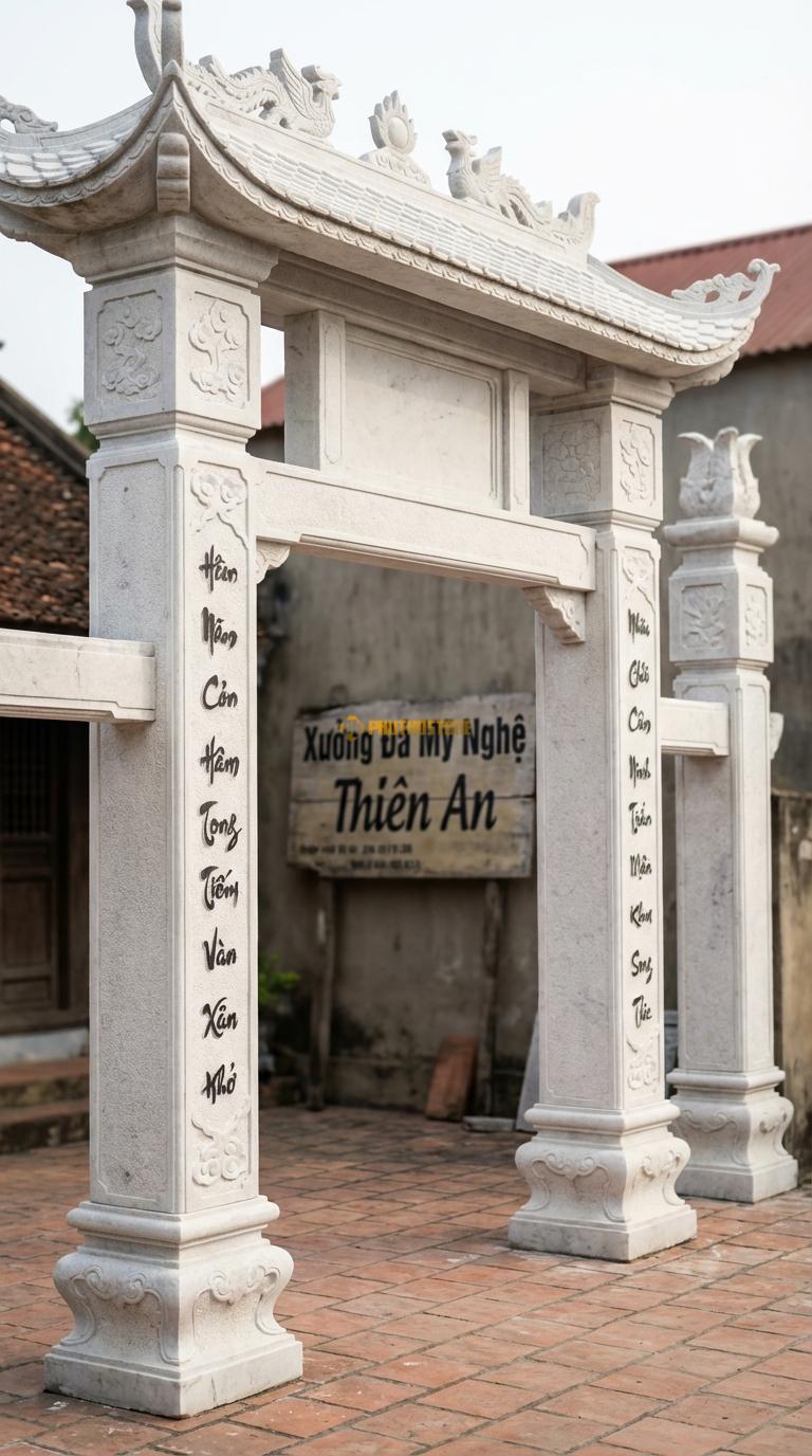 Cổng Tứ Trụ Đá Trắng Muối Câu Đối Nôm: Mặt tiền cột chạm câu đối chữ Nôm/Việt thư pháp. Cột chính vuông 30cm; Cao cột chính 4m5