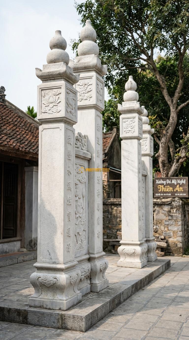 Cổng Tứ Trụ Đá Trắng Muối Đỉnh Hồ Lô: Trên đỉnh cột đặt hồ lô đá (biểu tượng sức khỏe, phong thủy). Cột chính vuông 27cm; Cao cột chính 3m9