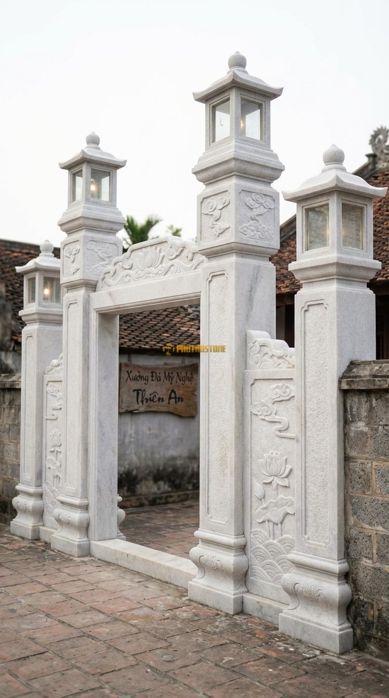 Cổng Tứ Trụ Đá Trắng Muối Lồng Đèn: Đỉnh cột có ô lồng đèn lắp kính/đá để thắp sáng. Cột chính vuông 35cm; Rộng lối đi chính 3m2