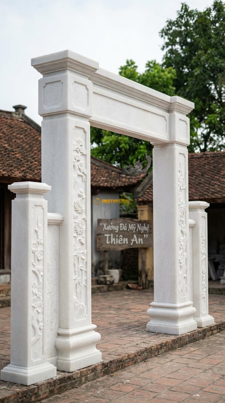 Cổng Tứ Trụ Đá Trắng Muối Tranh Tứ Quý: 4 mặt của trụ cột chạm Tùng – Cúc – Trúc – Mai. Cột chính vuông 25cm; Rộng phủ bì 4m2
