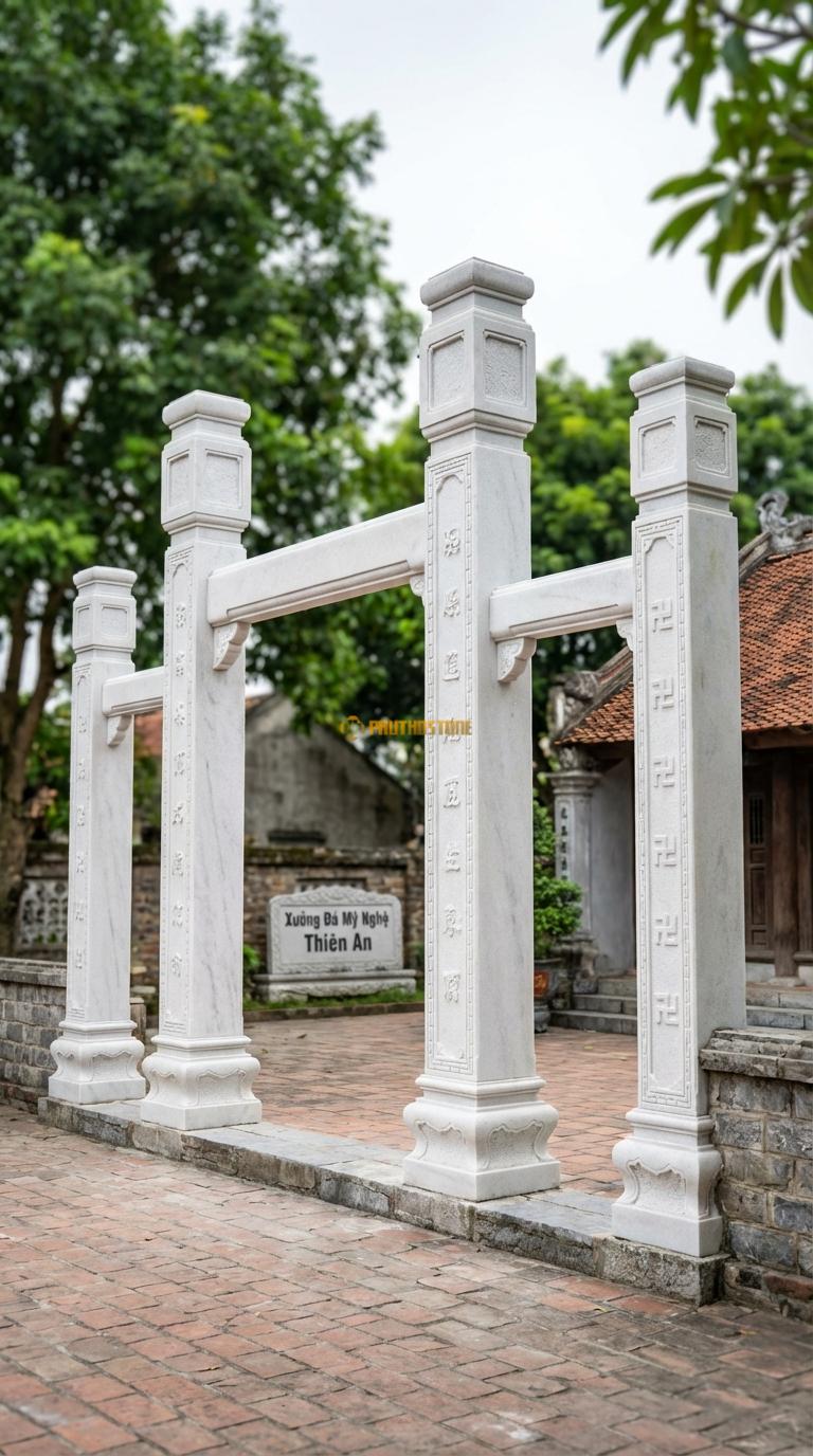 Cổng Tứ Trụ Đá Trắng Muối Triện Tàu: Hoa văn viền gấm, chữ Vạn chạy dọc cạnh cột (đơn giản, hiện đại). Cột chính vuông 40cm; Cao cột chính 5m5