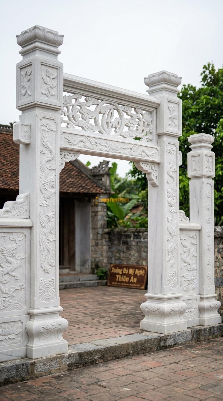 Cổng Tứ Trụ Đá Trắng Muối Vách Thông Phong: Xà nối giữa các cột chạm hoa văn chữ Thọ thủng (thông phong). Cột chính vuông 32cm; Rộng lối đi chính 2m8