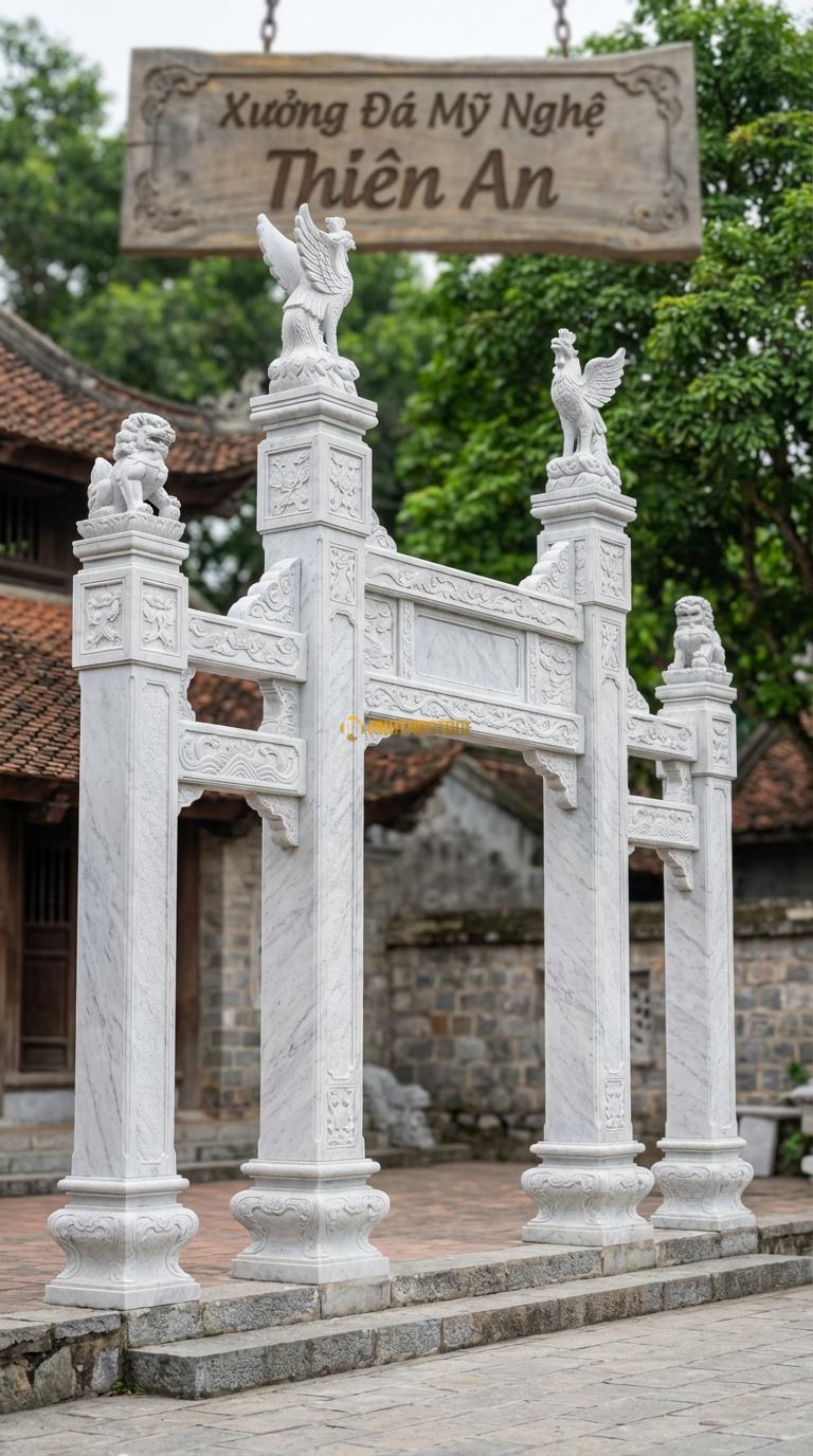 Cổng Tứ Trụ Đá Trắng Yên Bái Đầu Phượng – Nghê: Đỉnh cột chính đặt Tứ Phượng, cột phụ đặt Nghê đá. Cột chính vuông 30cm, cao 5m2; Cột phụ 25cm