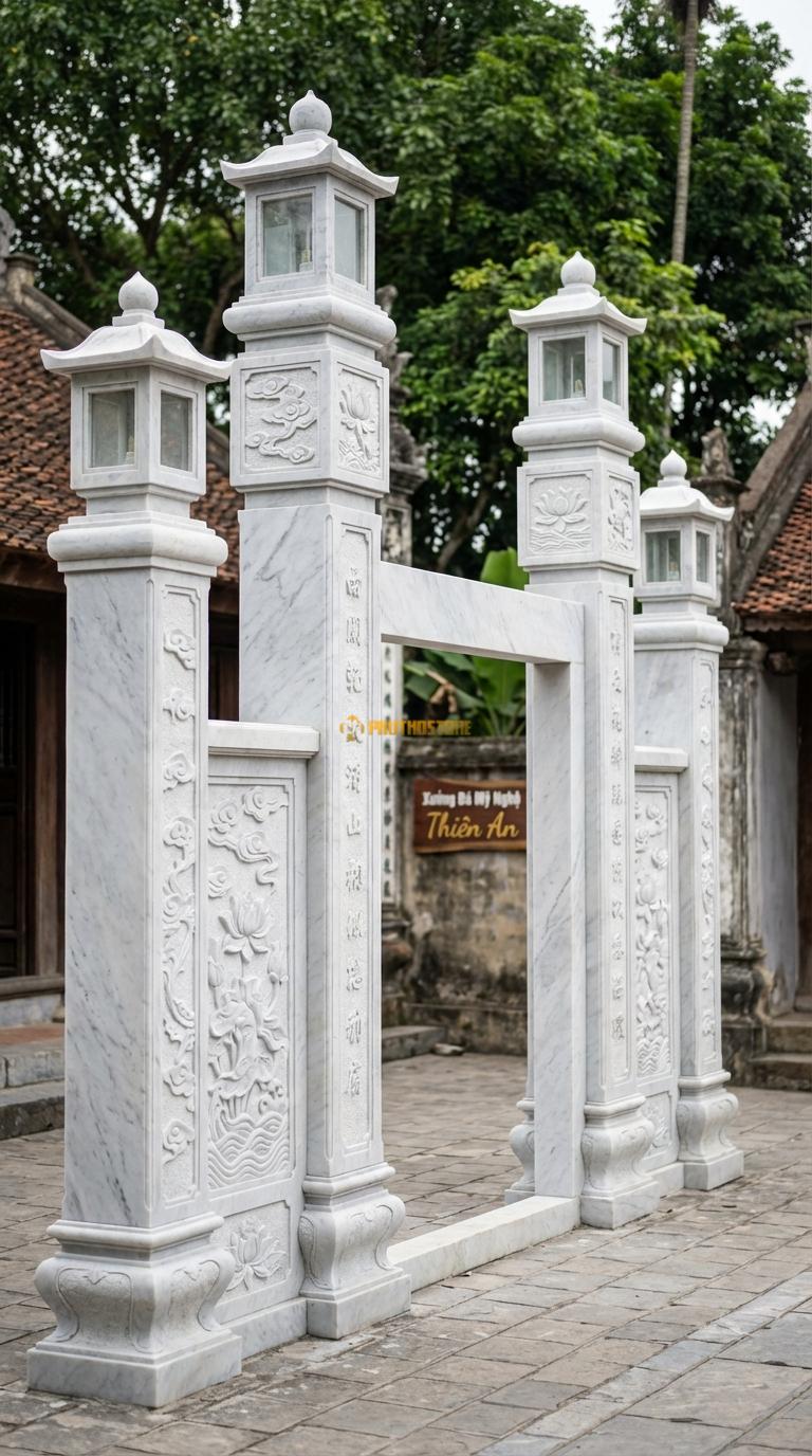 Cổng Tứ Trụ Đá Trắng Yên Bái Lồng Đèn: Đỉnh cột có ô lồng đèn lắp kính/đá để thắp sáng. Cột chính vuông 35cm; Rộng lối đi chính 3m2