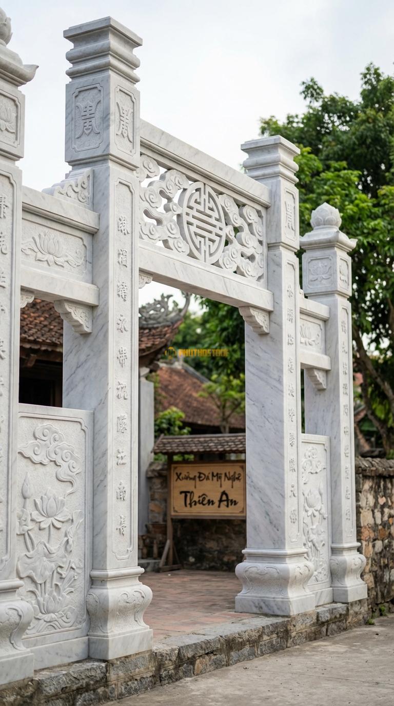 Cổng Tứ Trụ Đá Trắng Yên Bái Vách Thông Phong: Xà nối giữa các cột chạm hoa văn chữ Thọ thủng (thông phong). Cột chính vuông 32cm; Rộng lối đi chính 2m8
