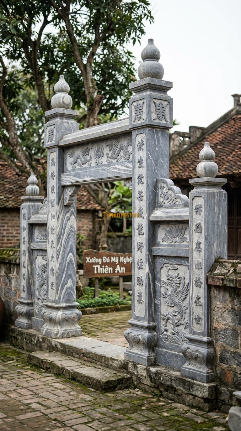 Cổng Tứ Trụ Đá Vân Mây Đỉnh Hồ Lô: Trên đỉnh cột đặt hồ lô đá (biểu tượng sức khỏe, phong thủy). Cột chính vuông 27cm; Cao cột chính 3m9