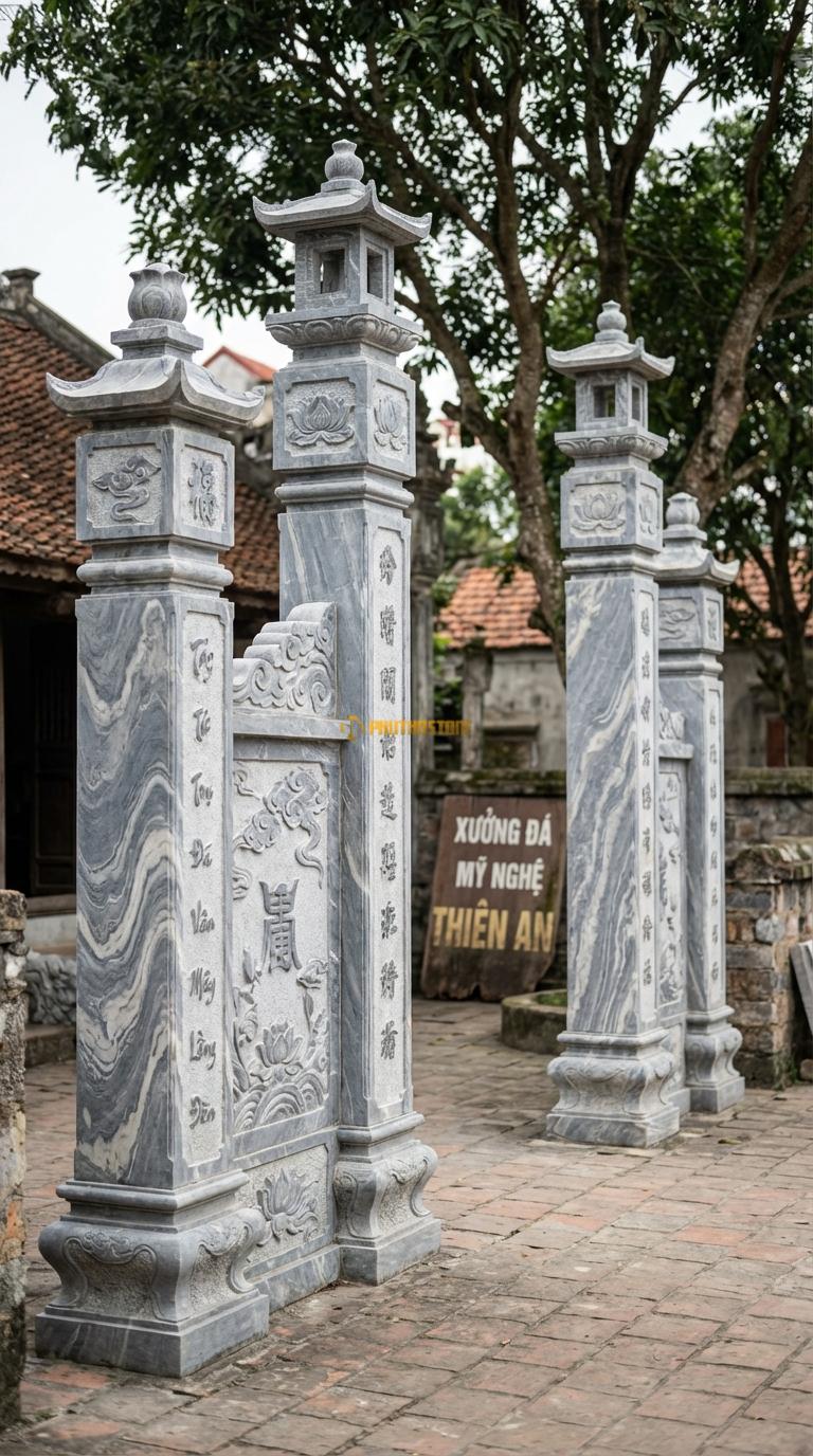 Cổng Tứ Trụ Đá Vân Mây Lồng Đèn: Đỉnh cột có ô lồng đèn lắp kính/đá để thắp sáng. Cột chính vuông 35cm; Rộng lối đi chính 3m2