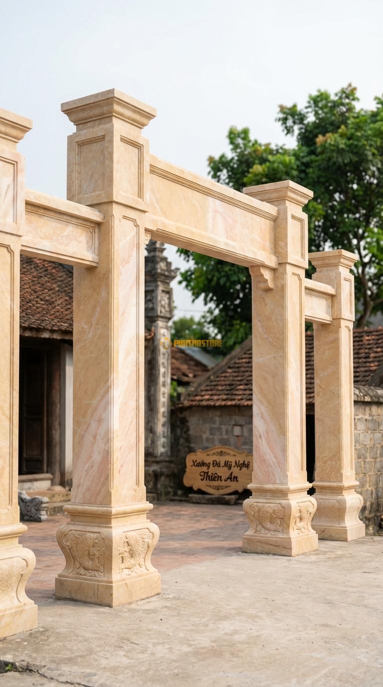 Cổng Tứ Trụ Đá Vàng Nghệ An Cá Chép Vượt Vũ Môn: Chạm khắc dưới chân tảng hoặc thân cột. Cột chính vuông 35cm; Rộng lối đi chính 3m5