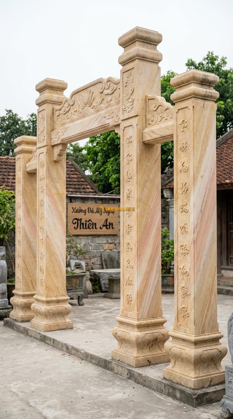Cổng Tứ Trụ Đá Vàng Nghệ An Câu Đối Nôm: Mặt tiền cột chạm câu đối chữ Nôm/Việt thư pháp. Cột chính vuông 30cm; Cao cột chính 4m5