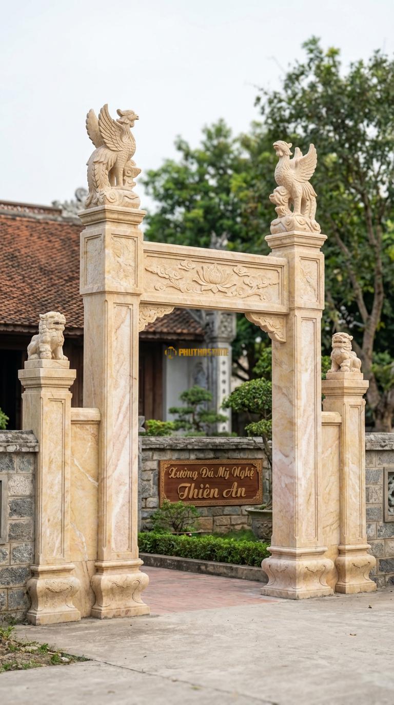 Cổng Tứ Trụ Đá Vàng Nghệ An Đầu Phượng – Nghê: Đỉnh cột chính đặt Tứ Phượng, cột phụ đặt Nghê đá. Cột chính vuông 30cm, cao 5m2; Cột phụ 25cm