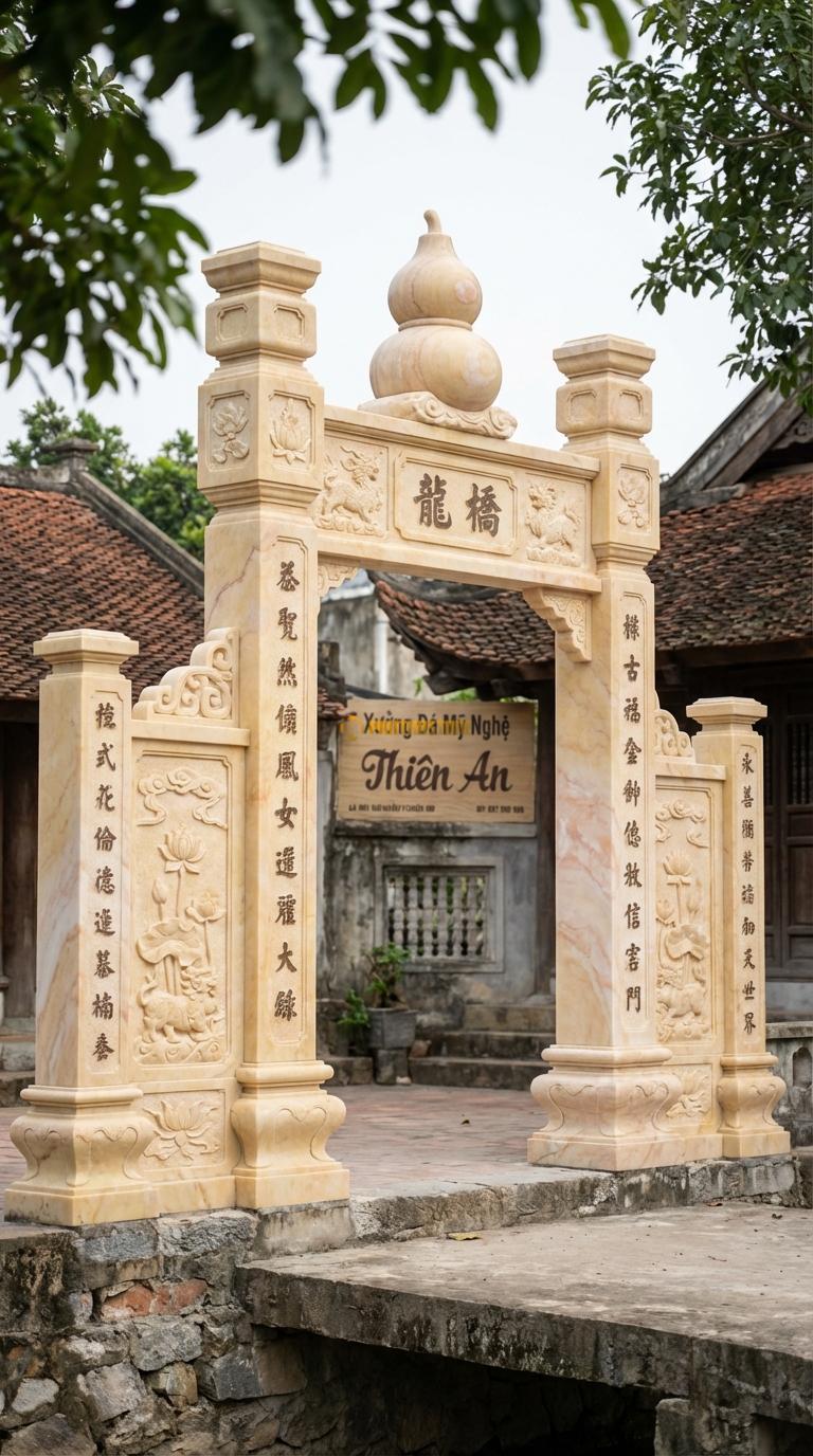 Cổng Tứ Trụ Đá Vàng Nghệ An Đỉnh Hồ Lô: Trên đỉnh cột đặt hồ lô đá (biểu tượng sức khỏe, phong thủy). Cột chính vuông 27cm; Cao cột chính 3m9