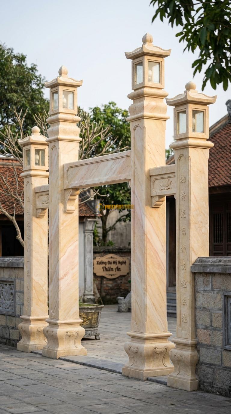 Cổng Tứ Trụ Đá Vàng Nghệ An Lồng Đèn: Đỉnh cột có ô lồng đèn lắp kính/đá để thắp sáng. Cột chính vuông 35cm; Rộng lối đi chính 3m2
