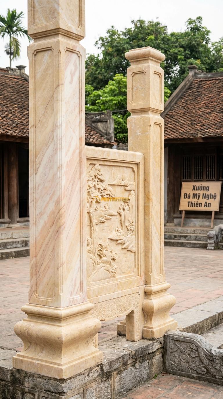 Cổng Tứ Trụ Đá Vàng Nghệ An Sơn Thủy Hữu Tình: Vách bưng giữa cột chính và phụ chạm cảnh non nước. Cột chính vuông 33cm; Rộng phủ bì 5m1