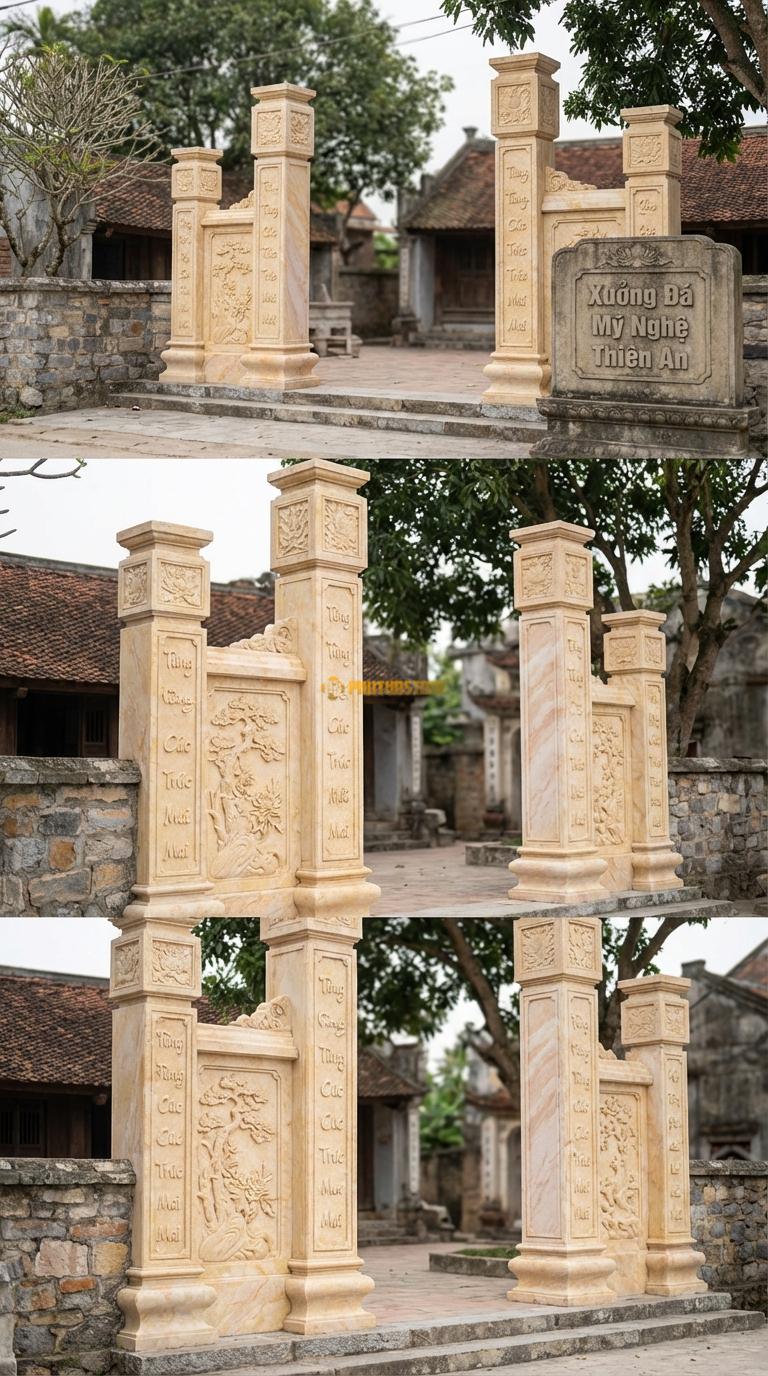 Cổng Tứ Trụ Đá Vàng Nghệ An Tranh Tứ Quý: 4 mặt của trụ cột chạm Tùng – Cúc – Trúc – Mai. Cột chính vuông 25cm; Rộng phủ bì 4m2