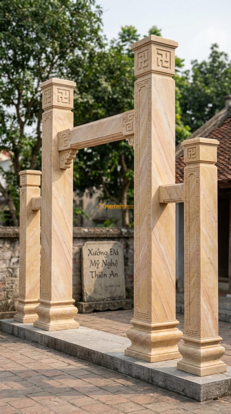 Cổng Tứ Trụ Đá Vàng Nghệ An Triện Tàu: Hoa văn viền gấm, chữ Vạn chạy dọc cạnh cột (đơn giản, hiện đại). Cột chính vuông 40cm; Cao cột chính 5m5