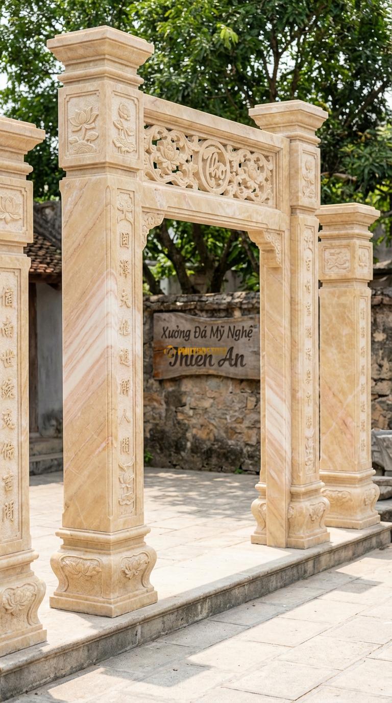 Cổng Tứ Trụ Đá Vàng Nghệ An Vách Thông Phong: Xà nối giữa các cột chạm hoa văn chữ Thọ thủng (thông phong). Cột chính vuông 32cm; Rộng lối đi chính 2m8