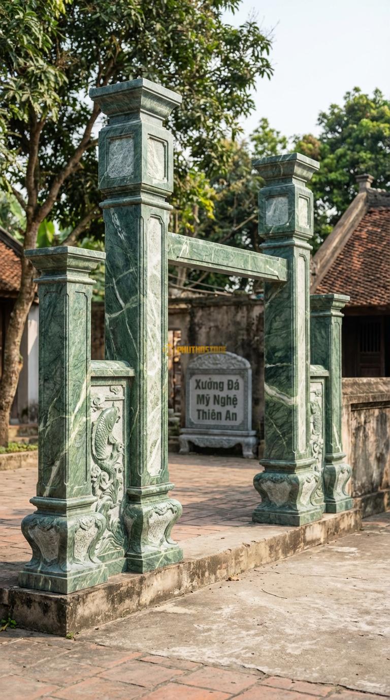 Cổng Tứ Trụ Đá Xanh Ấn Cá Chép Vượt Vũ Môn: Chạm khắc dưới chân tảng hoặc thân cột. Cột chính vuông 35cm; Rộng lối đi chính 3m5