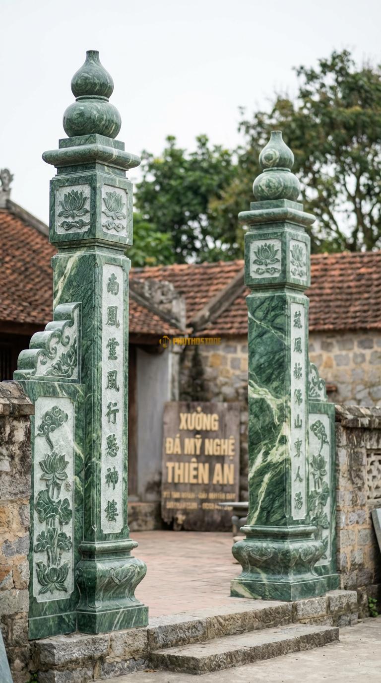 Cổng Tứ Trụ Đá Xanh Ấn Đỉnh Hồ Lô: Trên đỉnh cột đặt hồ lô đá (biểu tượng sức khỏe, phong thủy). Cột chính vuông 27cm; Cao cột chính 3m9