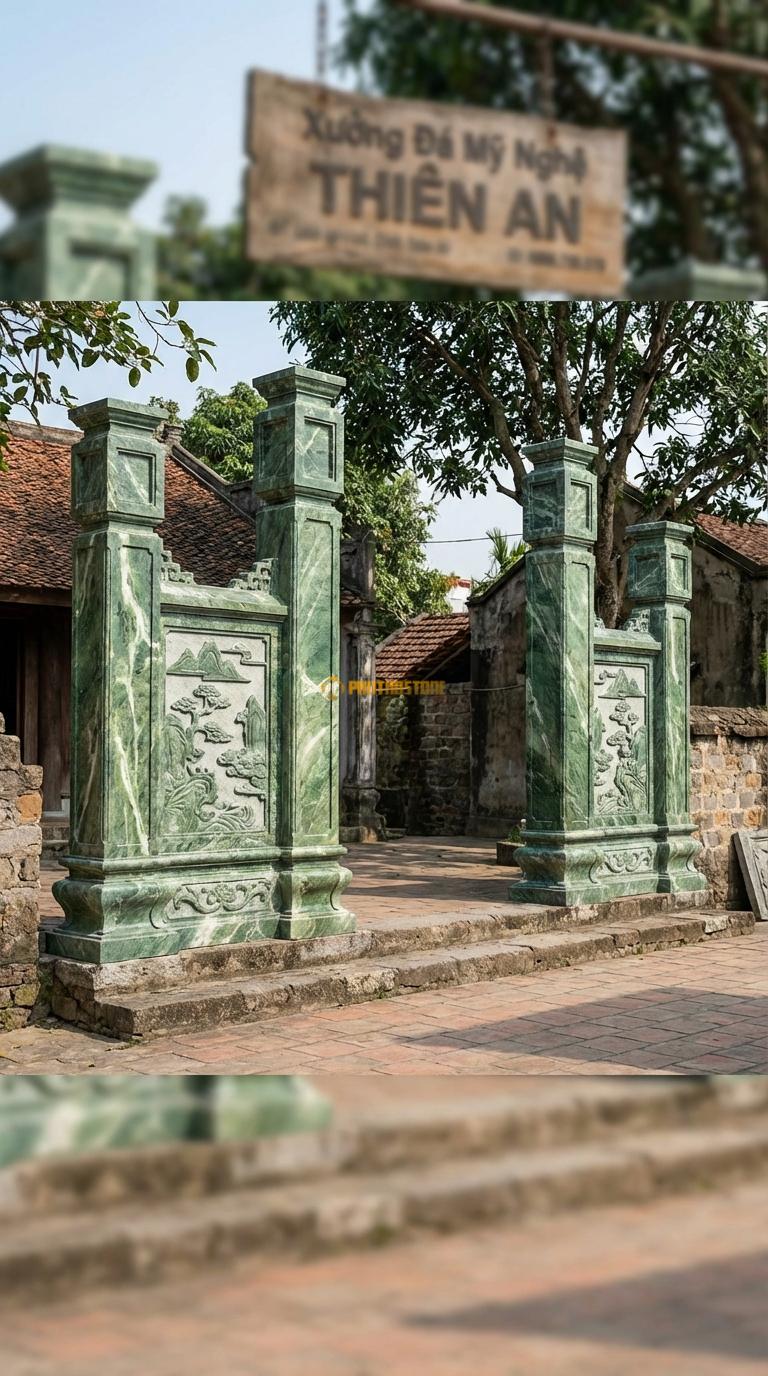 Cổng Tứ Trụ Đá Xanh Ấn Sơn Thủy Hữu Tình: Vách bưng giữa cột chính và phụ chạm cảnh non nước. Cột chính vuông 33cm; Rộng phủ bì 5m1