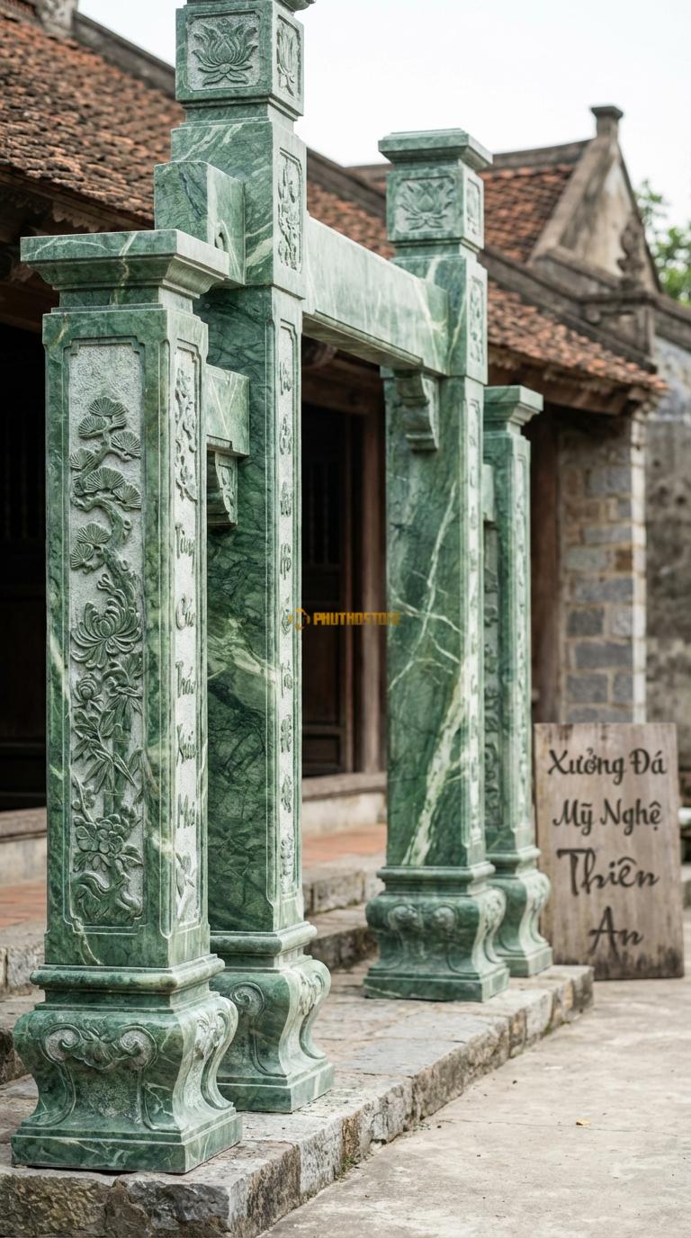 Cổng Tứ Trụ Đá Xanh Ấn Tranh Tứ Quý: 4 mặt của trụ cột chạm Tùng – Cúc – Trúc – Mai. Cột chính vuông 25cm; Rộng phủ bì 4m2