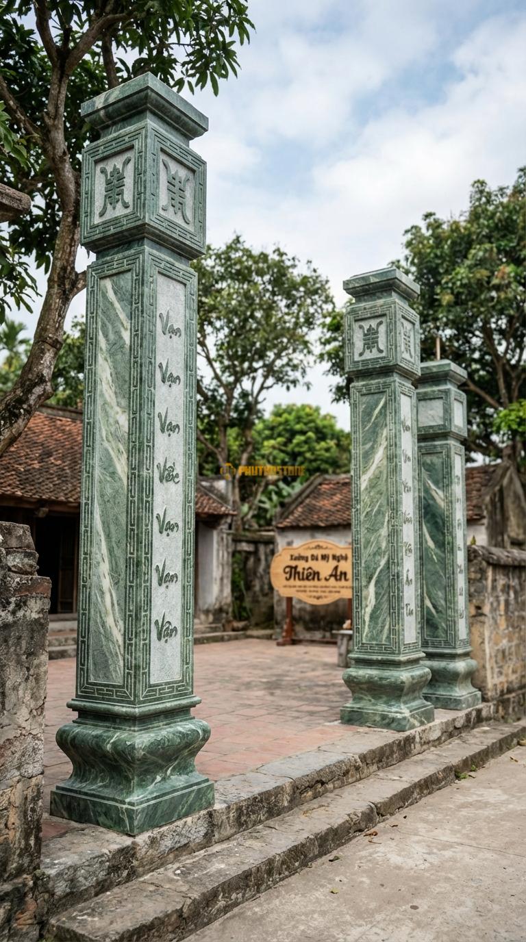 Cổng Tứ Trụ Đá Xanh Ấn Triện Tàu: Hoa văn viền gấm, chữ Vạn chạy dọc cạnh cột (đơn giản, hiện đại). Cột chính vuông 40cm; Cao cột chính 5m5