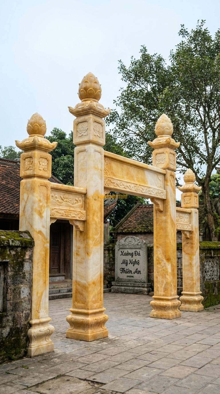 Cổng Tứ Trụ Ngọc hoàng long Búp Sen: Đỉnh 4 cột là 4 búp sen đá (dành cho kiến trúc Phật giáo/thanh tịnh). Cột chính vuông 28cm; Cao cột chính 4m1