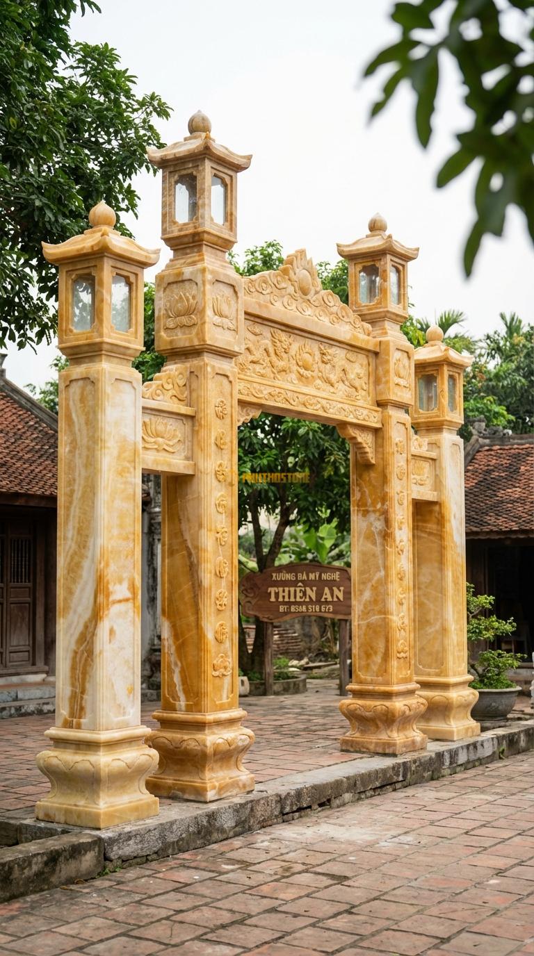 Cổng Tứ Trụ Ngọc hoàng long Lồng Đèn: Đỉnh cột có ô lồng đèn lắp kính/đá để thắp sáng. Cột chính vuông 35cm; Rộng lối đi chính 3m2