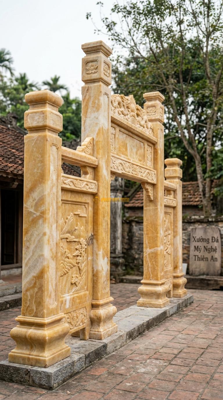 Cổng Tứ Trụ Ngọc hoàng long Sơn Thủy Hữu Tình: Vách bưng giữa cột chính và phụ chạm cảnh non nước. Cột chính vuông 33cm; Rộng phủ bì 5m1