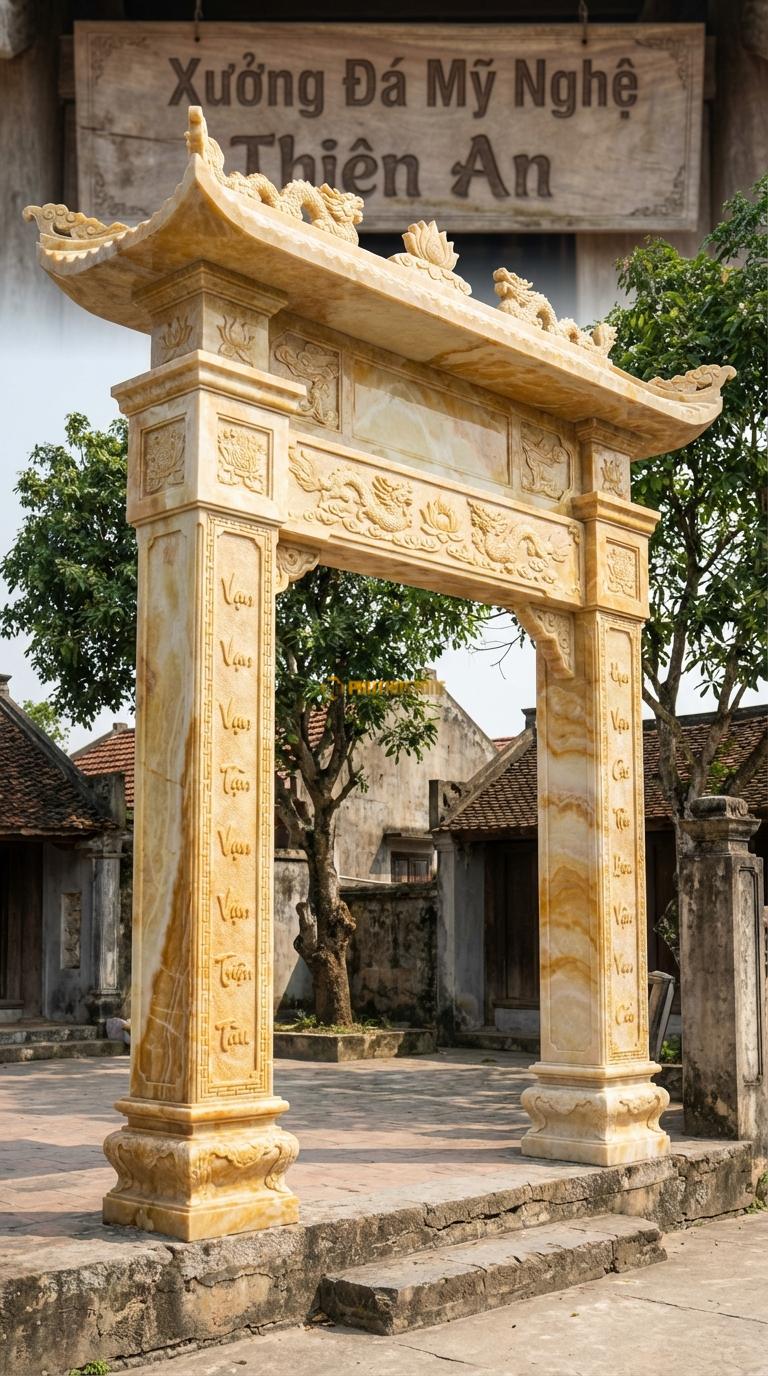 Cổng Tứ Trụ Ngọc hoàng long Triện Tàu: Hoa văn viền gấm, chữ Vạn chạy dọc cạnh cột (đơn giản, hiện đại). Cột chính vuông 40cm; Cao cột chính 5m5