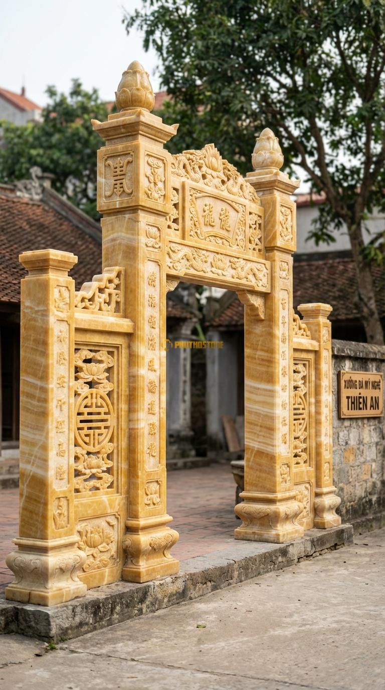 Cổng Tứ Trụ Ngọc hoàng long Vách Thông Phong: Xà nối giữa các cột chạm hoa văn chữ Thọ thủng (thông phong). Cột chính vuông 32cm; Rộng lối đi chính 2m8