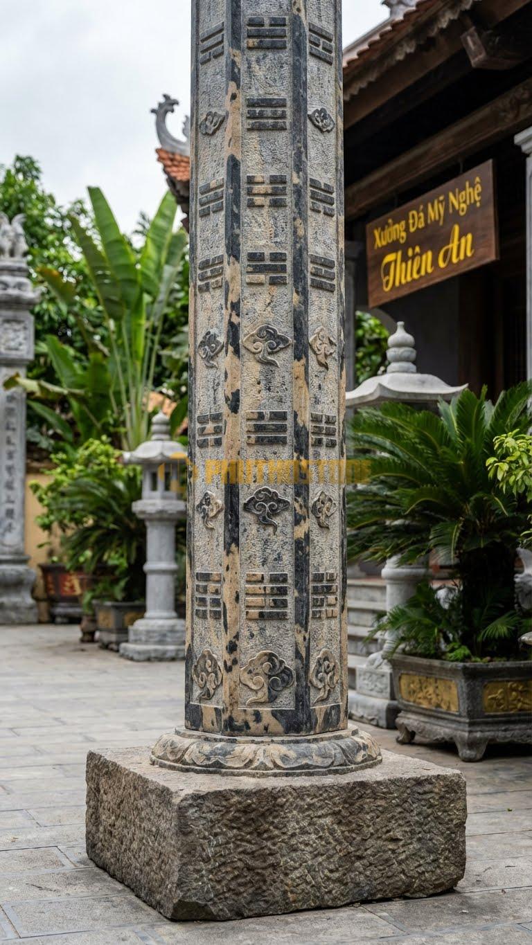 Cột Đá Da Báo Bát Quái Thân Cột Hình Bát Giác, Chạm 8 Quẻ Ø 35X300 Cm