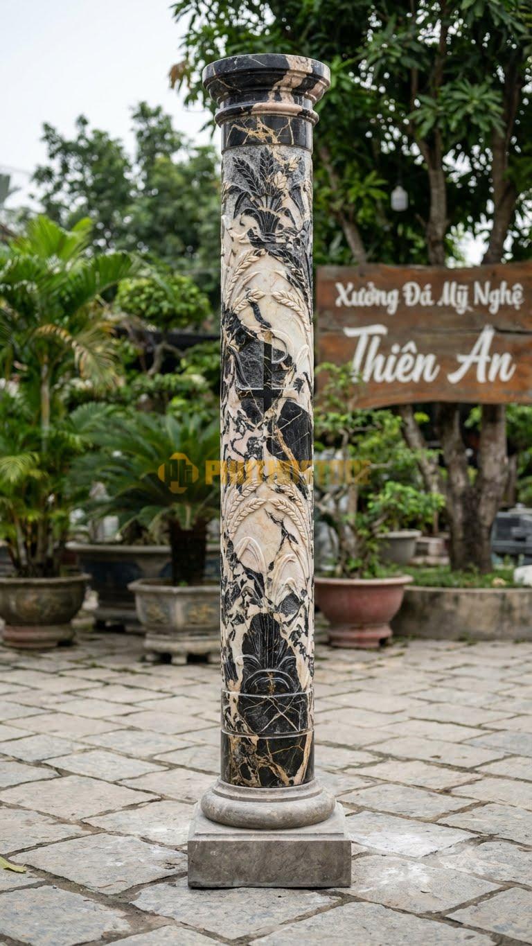Cột Đá Da Báo Chạm Hình Bông Lúa Biểu Tượng Cho Sự No Ấm Và Lời Chúa Ø 30X280 Cm
