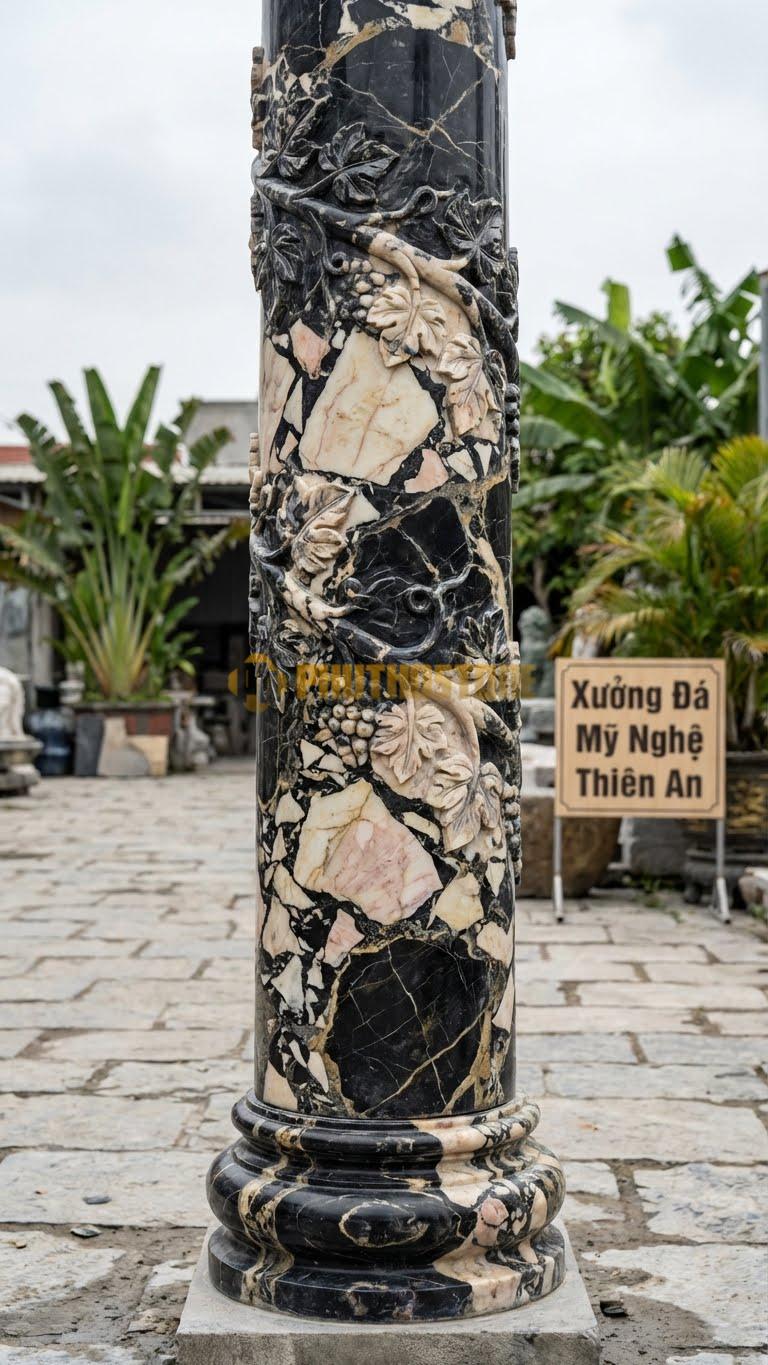 Cột Đá Da Báo Hoa Văn Lá Nho Dây Nho Quấn Quanh Thân (Biểu Tượng Công Giáo) Ø 35X300 Cm