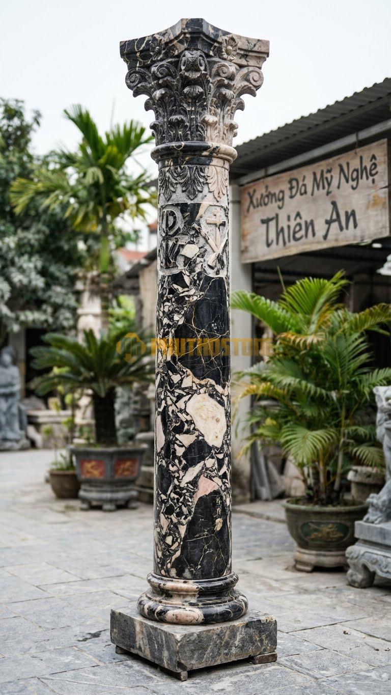 Cột Đá Da Báo Phục Hưng Công Giáo Đầu Cột Phức Hợp Nhiều Tầng Hoa Lá Ø 45X400 Cm