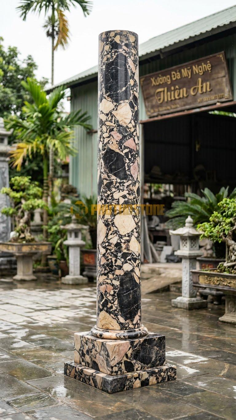 Cột Đá Da Báo Roman Đơn Giản Thân Trơn, Đế Vuông Cao 2 Tầng Ø 50X400 Cm