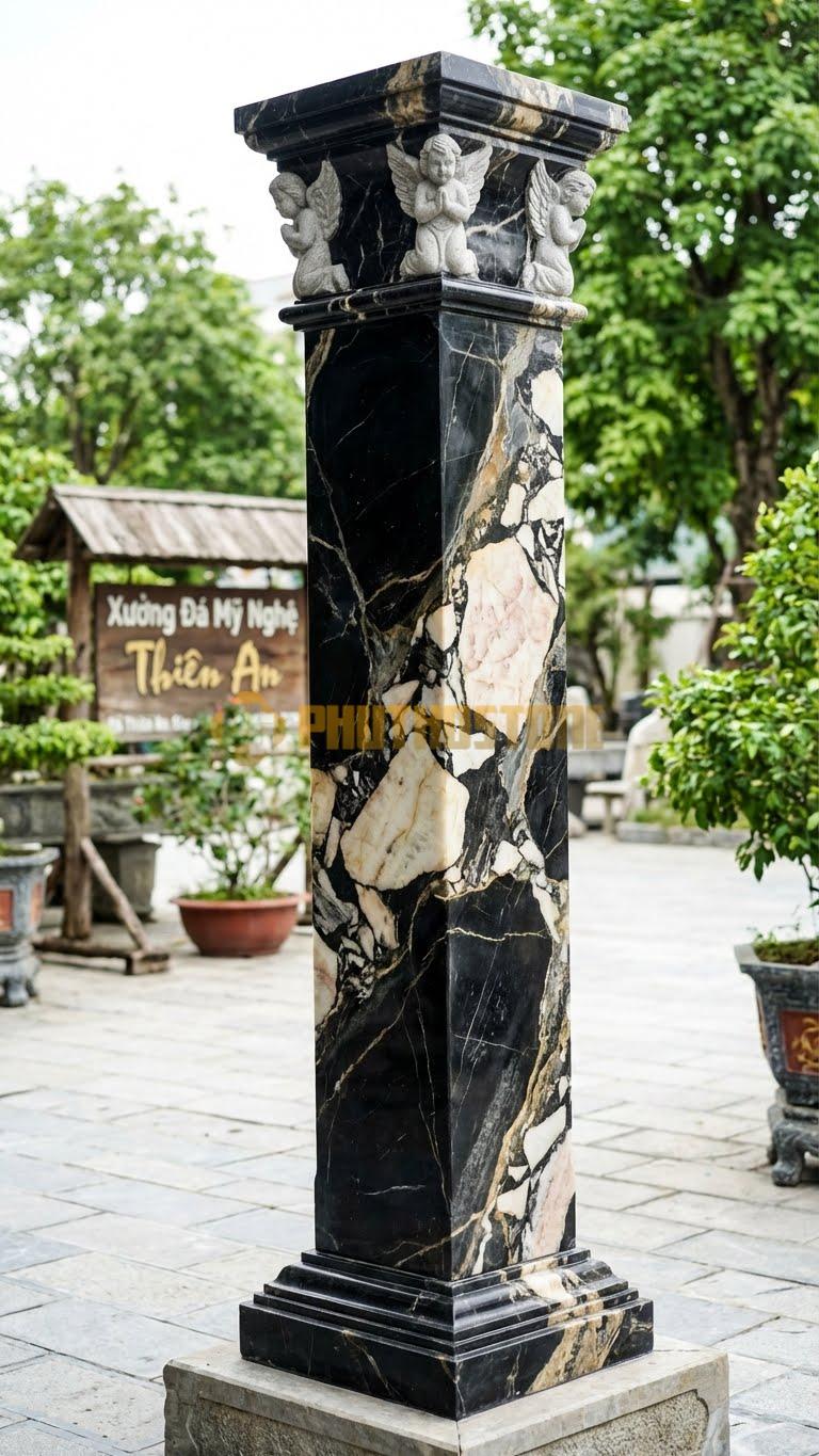 Cột Đá Da Báo Thiên Thần Phù Điêu Thiên Thần Nhỏ Ở 4 Góc Đầu Cột 40X40X350 Cm