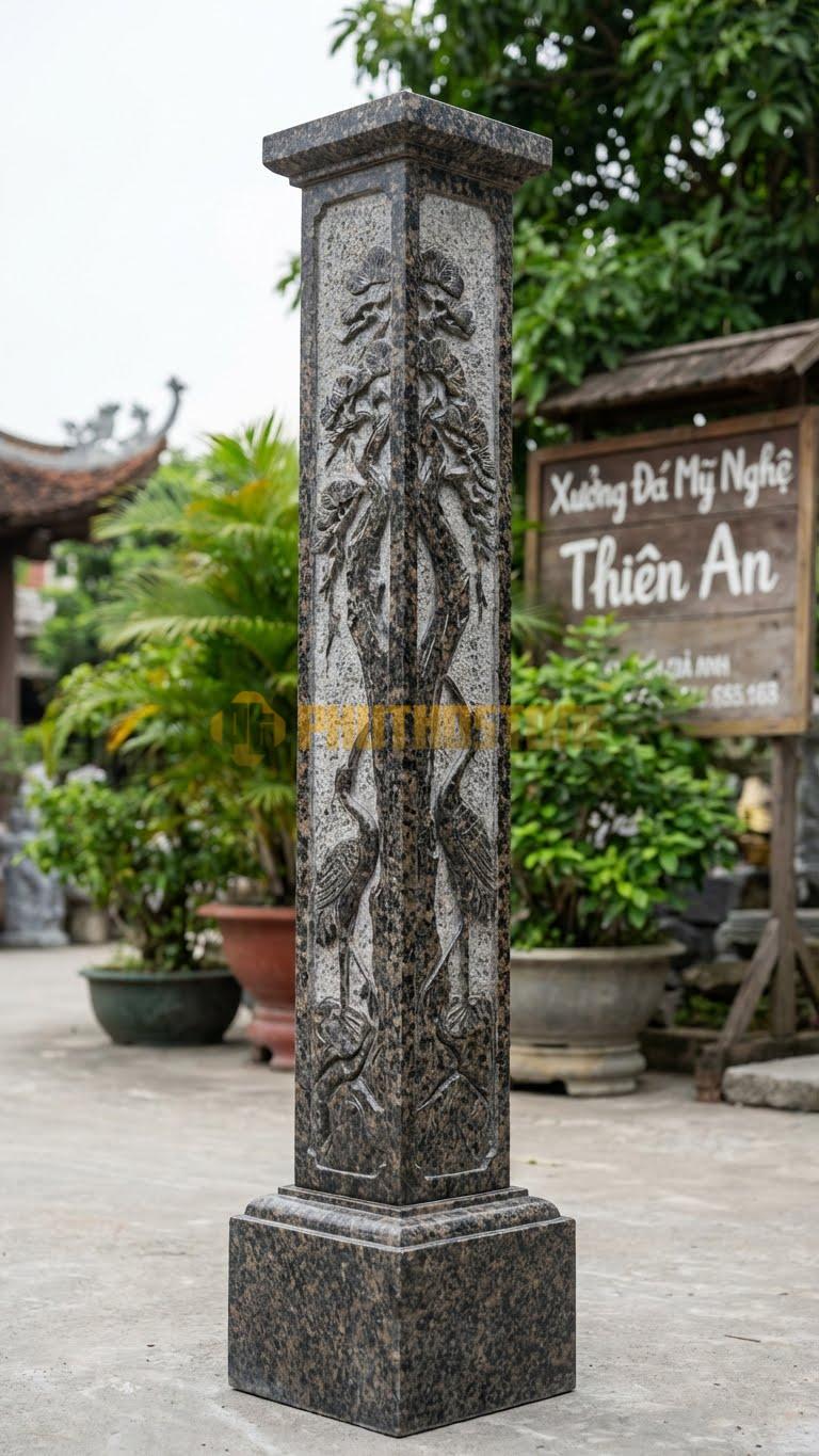 Cột Đá Da Báo Tùng Hạc Cảnh Chim Hạc Dưới Gốc Tùng Cổ Thụ 40X40X320 Cm