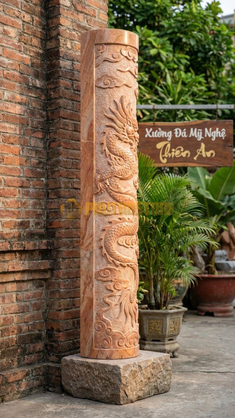 Cột Đá Hồng Bản Nguyệt Thân Cột Nửa Tròn Nửa Phẳng Áp Tường 20X30X260 Cm