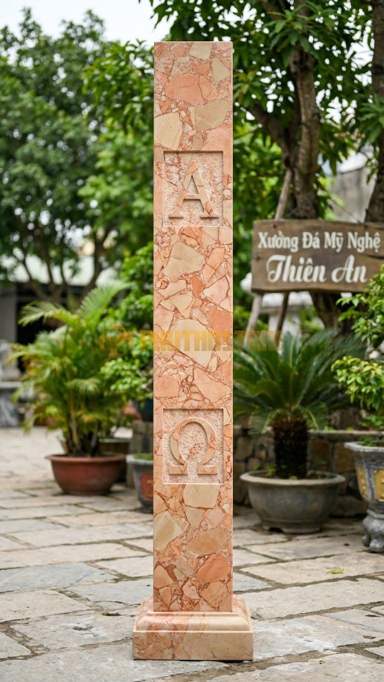 Cột Đá Hồng Biểu Tượng Alpha & Omega Chạm Hai Ký Tự Đầu Và Cuối Bảng Chữ Cái Hy Lạp 30X30X260 Cm