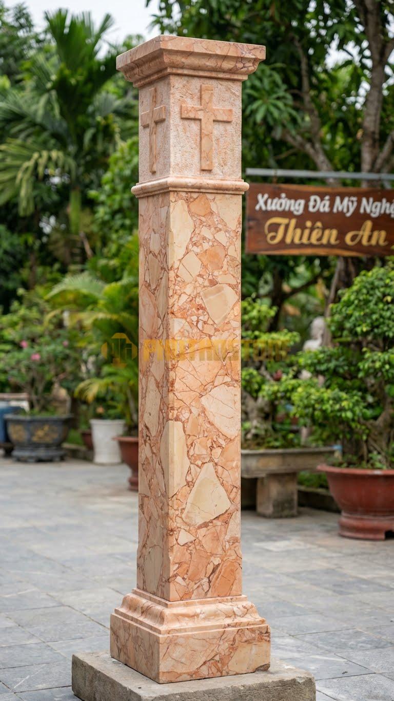 Cột Đá Hồng Chạm Hình Thánh Giá Thánh Giá Nổi Ở Tâm Đầu Cột 35X35X320 Cm
