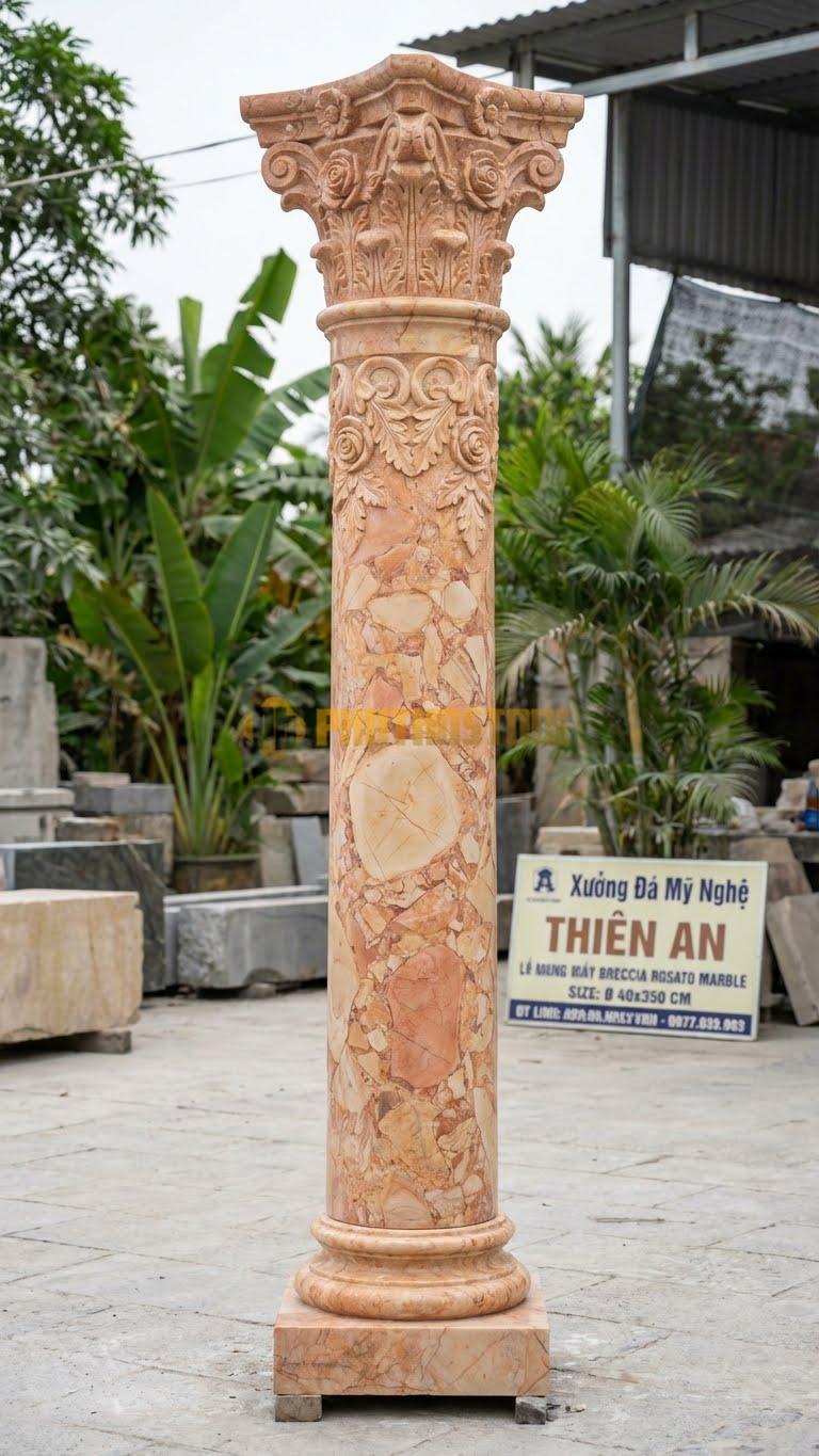 Cột Đá Hồng Corinthian Hoa Hồng Đầu Cột Chạm Hoa Hồng Và Lá Sồi Ø 40X350 Cm