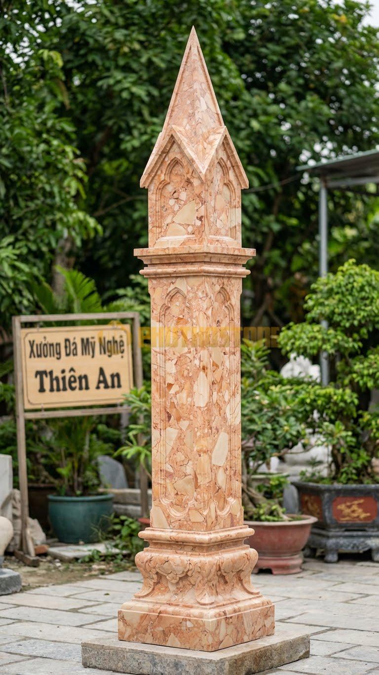 Cột Đá Hồng Đá Cổng Giáo Xứ Cột Lớn Uy Nghi, Có Đỉnh Nhọn Kiểu Gothique 50X50X450 Cm