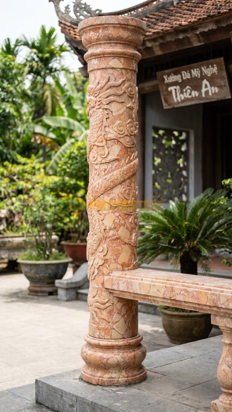 Cột Đá Hồng Đá Kết Hợp Ban Công Có Gờ Đỡ Lan Can Đá Đồng Bộ Ø 30X280 Cm