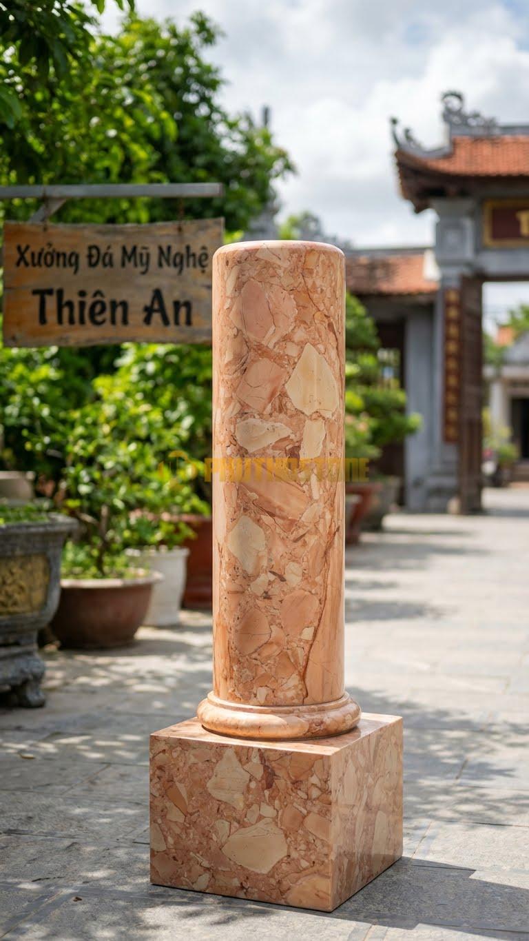 Cột Đá Hồng Đỡ Tượng Thánh Thân Cột Trơn, Đế Rất Vững Chãi Ø 40X120 Cm