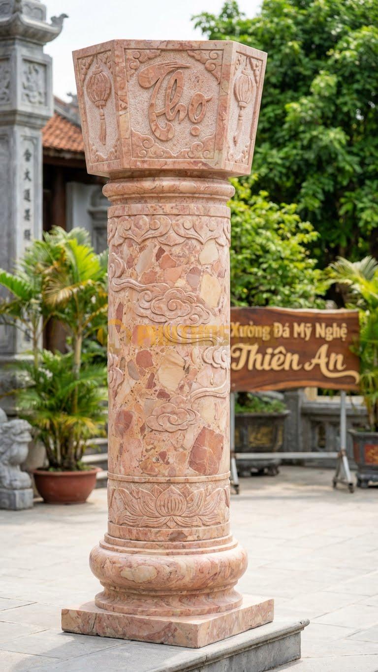 Cột Đá Hồng Đồng Trụ Đèn Lồng Đầu Cột Hình Bát Giác, Chạm Chữ Thọ 35X35X400 Cm