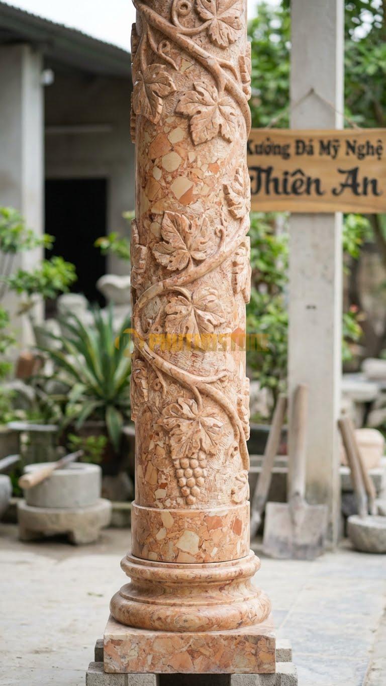 Cột Đá Hồng Hoa Văn Lá Nho Dây Nho Quấn Quanh Thân (Biểu Tượng Công Giáo) Ø 35X300 Cm